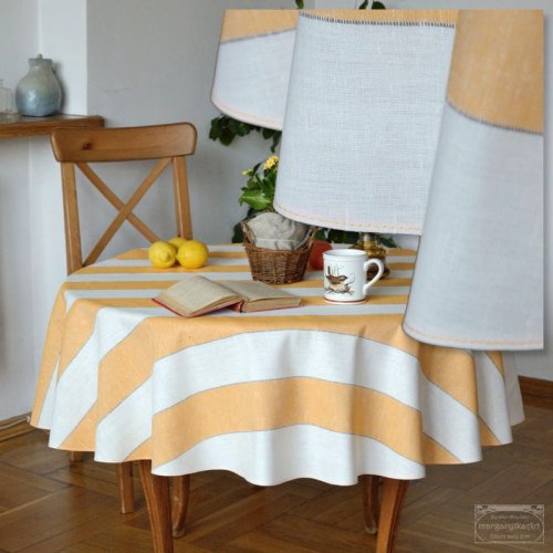 OBRUS OKRĄGŁY LNIANY GROSZEK W POMARAŃCZOWE PASY