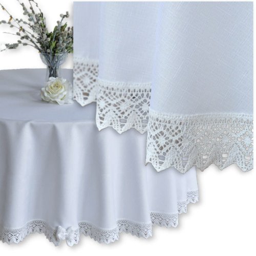 OKRĄGŁY OBRUS PLAMOODPORNY BIAŁY Z KORONKĄ NOSTALGIA Miniatura