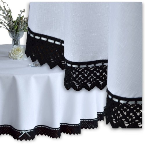 OBRUS OKRĄGŁY PLAMOODPORNY BIAŁY Z CZARNĄ KORONKĄ ANTONINA