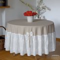 OBRUS Z FALBANĄ OKRĄGŁY LNIANY BEŻOWY SHABBY front