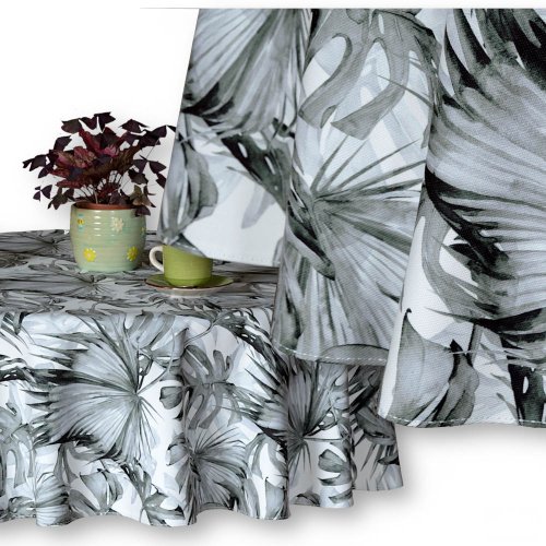 Obrus w liście palmy okrągły bawełniany szary 
Ekspozycja przedstawia obrus o średnicy 160 cm na stole o średnicy 90 cm i wysokości 70 cm.