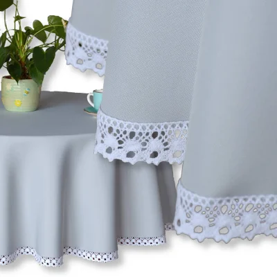 Okrągły obrus szary dwustronny z białą koronką  Etno handmade plamoodporny