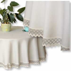 Obrus okrągły beżowy premium plamoodporny z koronką – 120–170 cm Antonina DUO