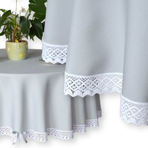 Obrus okrągły szary premium z koronką Antonina 120–170 cm - plamoodporny