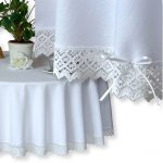 Obrus owalny plamoodporny z przewlekaną koronką Antonina biały