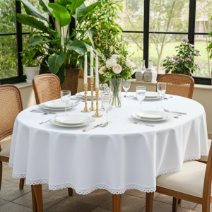 Obrus owalny biały – dwustronny, plamoodporny, z koronką ETNO