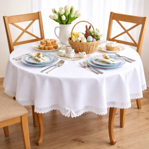 Obrus okrągły biały plamoodporny z koronką – 120–170 cm Antonina