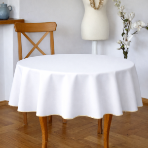 Obrus biały ze złotym obszyciem na stół okrągły Zosia na komunię do 310 cm