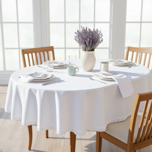 Biały obrus owalny dwustronny ETNO plamoodporny z koronką na eleganckim stole