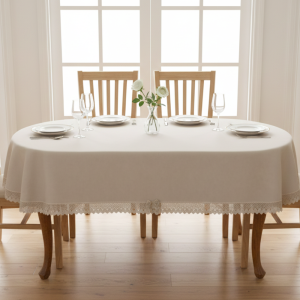 Owalny obrus plamoodporny beżowy z koronką Antonina duo