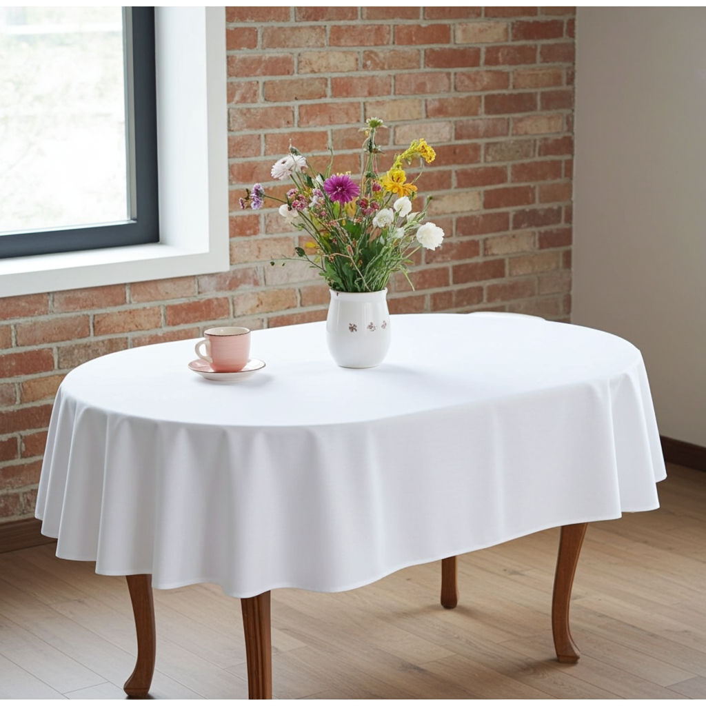 obrus owalny biały z ozdobnym ściegiem ZOSIA