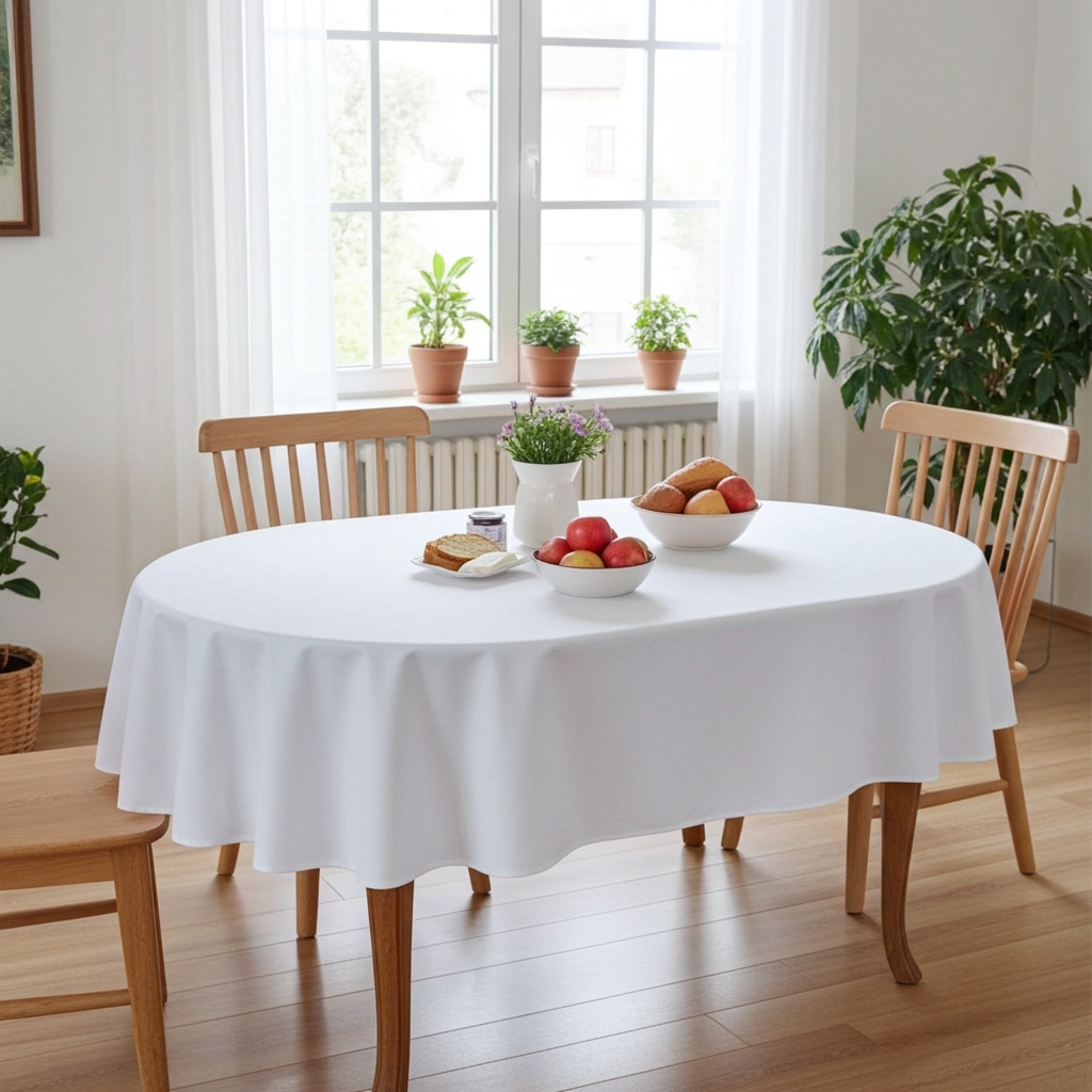 Biały obrus owalny ZOSIA z ozdobnym ściegiem na stole w jadalni – lnopodobny, plamoodporny, kolekcja Lena Premium