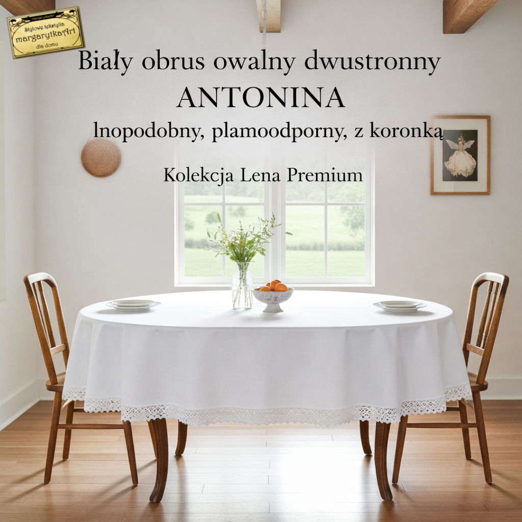 Obrus owalny biały Antonina - dwustronny
