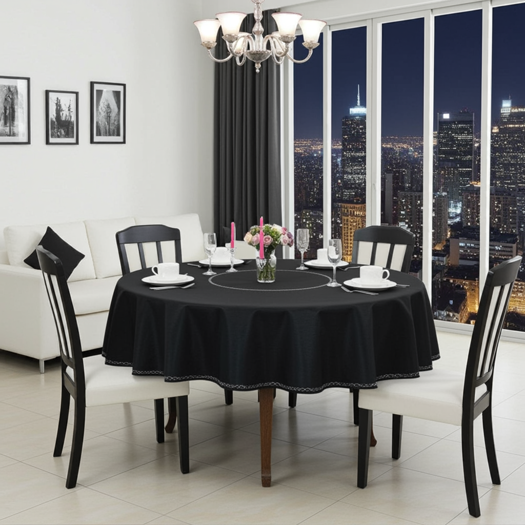 Okrągły czarny obrus haftowany srebrną metalizowaną nitką plamoodporny