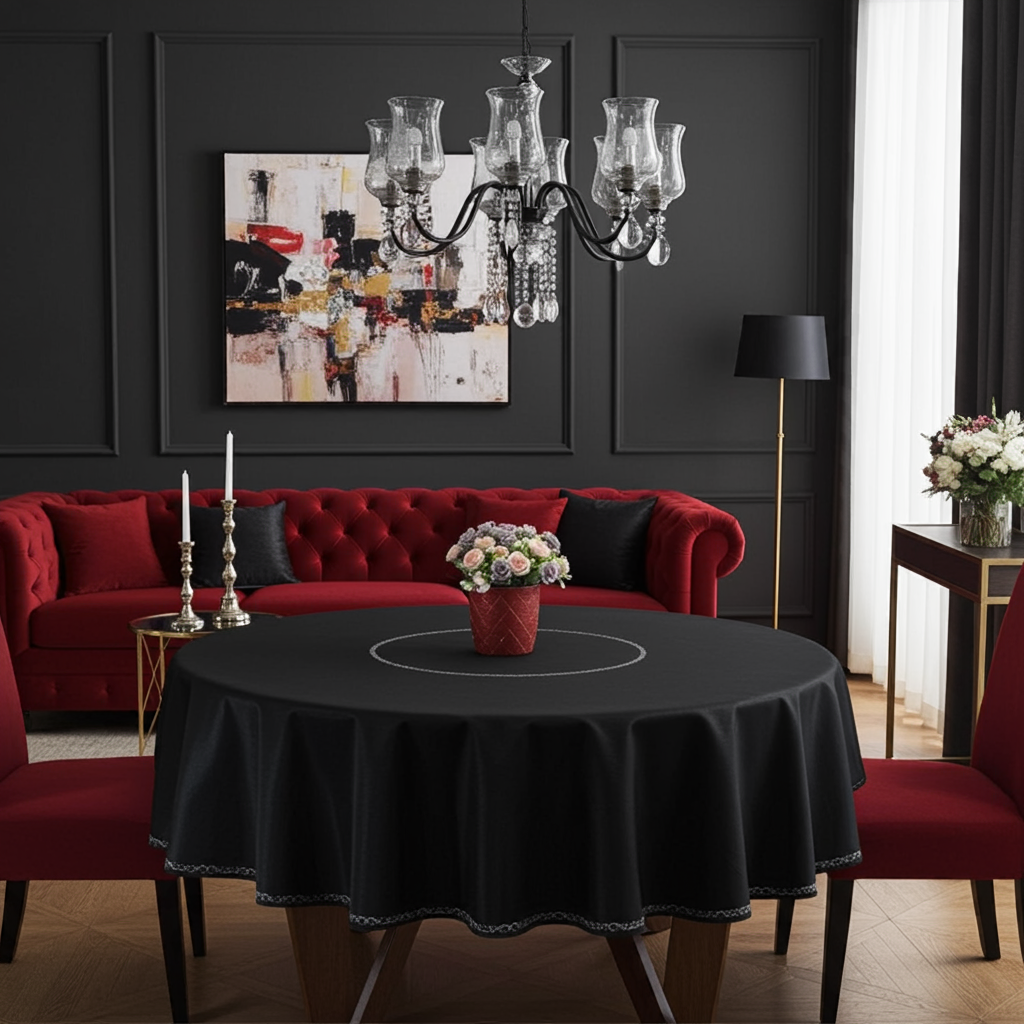Okrągły czarny obrus plamoodporny z dekoracyjnym srebrnym haftem nitką metalizowaną– elegancka ekspozycja