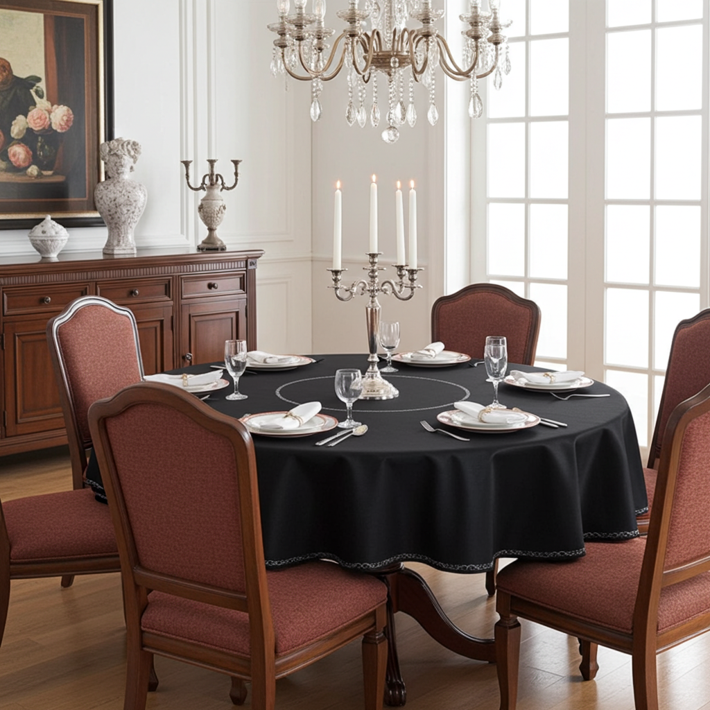 Obrus okrągły czarny 160 cm ze srebrnym haftem widok z góry