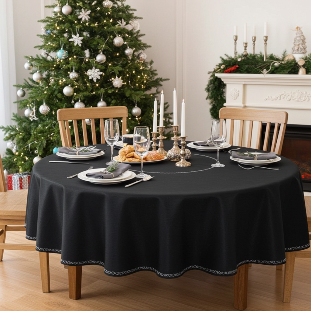 Haftowany srebrną metalizowaną nitką czarny obrus z połyskiem na stole okrągłym  – dekoracja Boże Narodzenie
