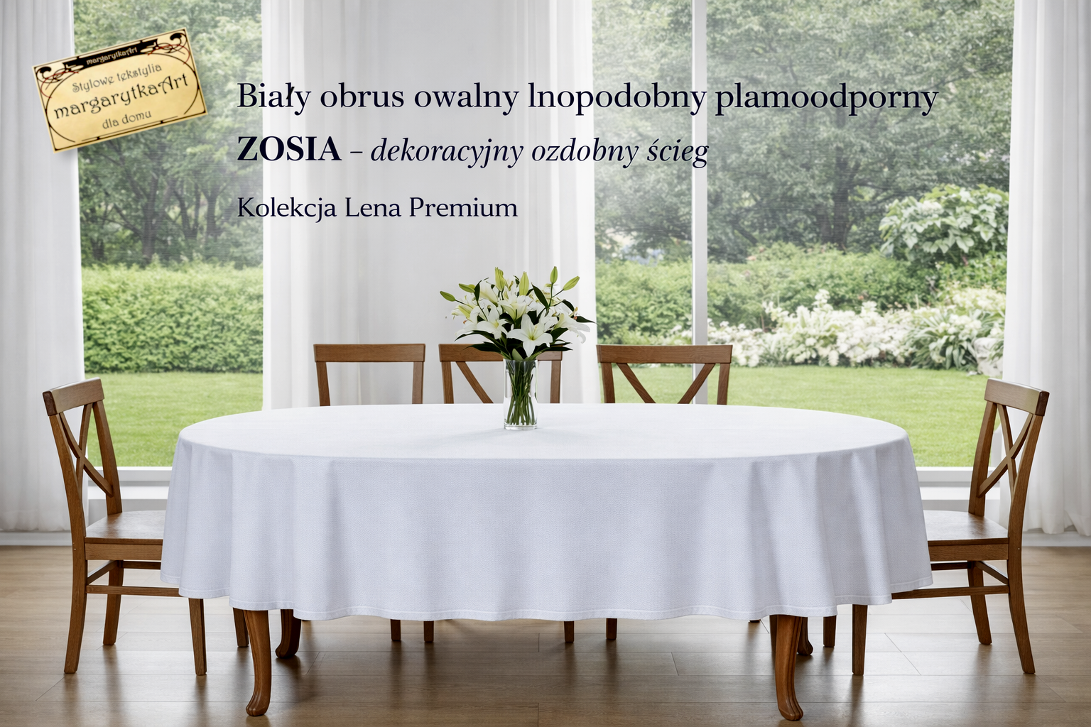 obrus owalny biały lnopodobny plamoodporny ZosiaZosia