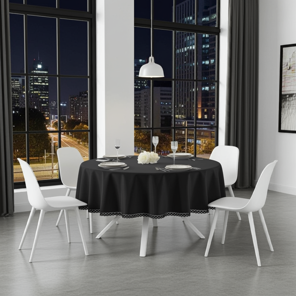 obrus dwustronny czarny z koronką na okrągłym stole wnętrze nowoczesne