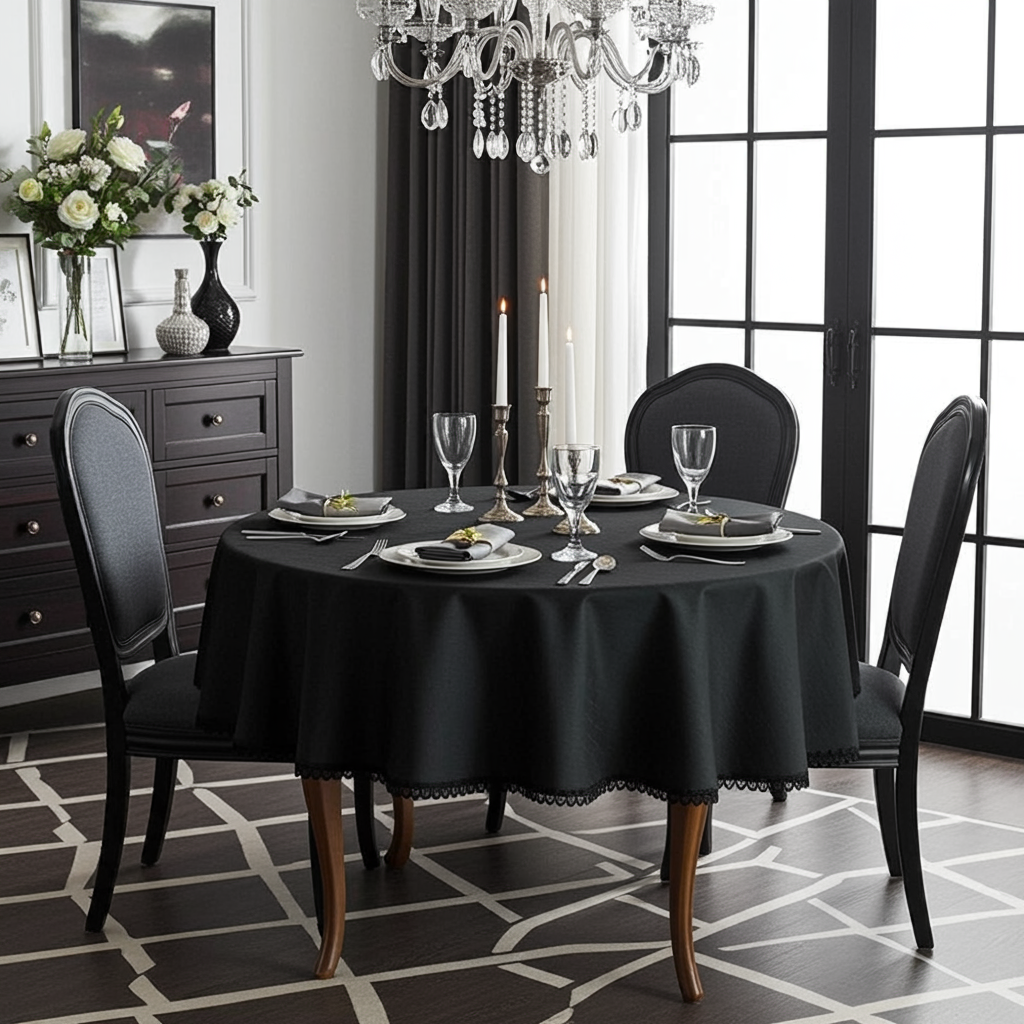 Elegancka aranżacja stołu z czarnym plamoodpornym obrusem okrągłym glamour z dekoracyjną taśmą
