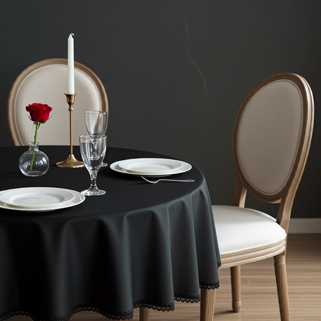 Czarny okrągły obrus w stylu glamour z dekoracyjną taśmą pętelki – stół gotowy na przyjęcie
